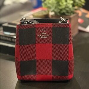 Coach Buffalo Plaid Bucket Bag‎ Crossbody Purse Red Black